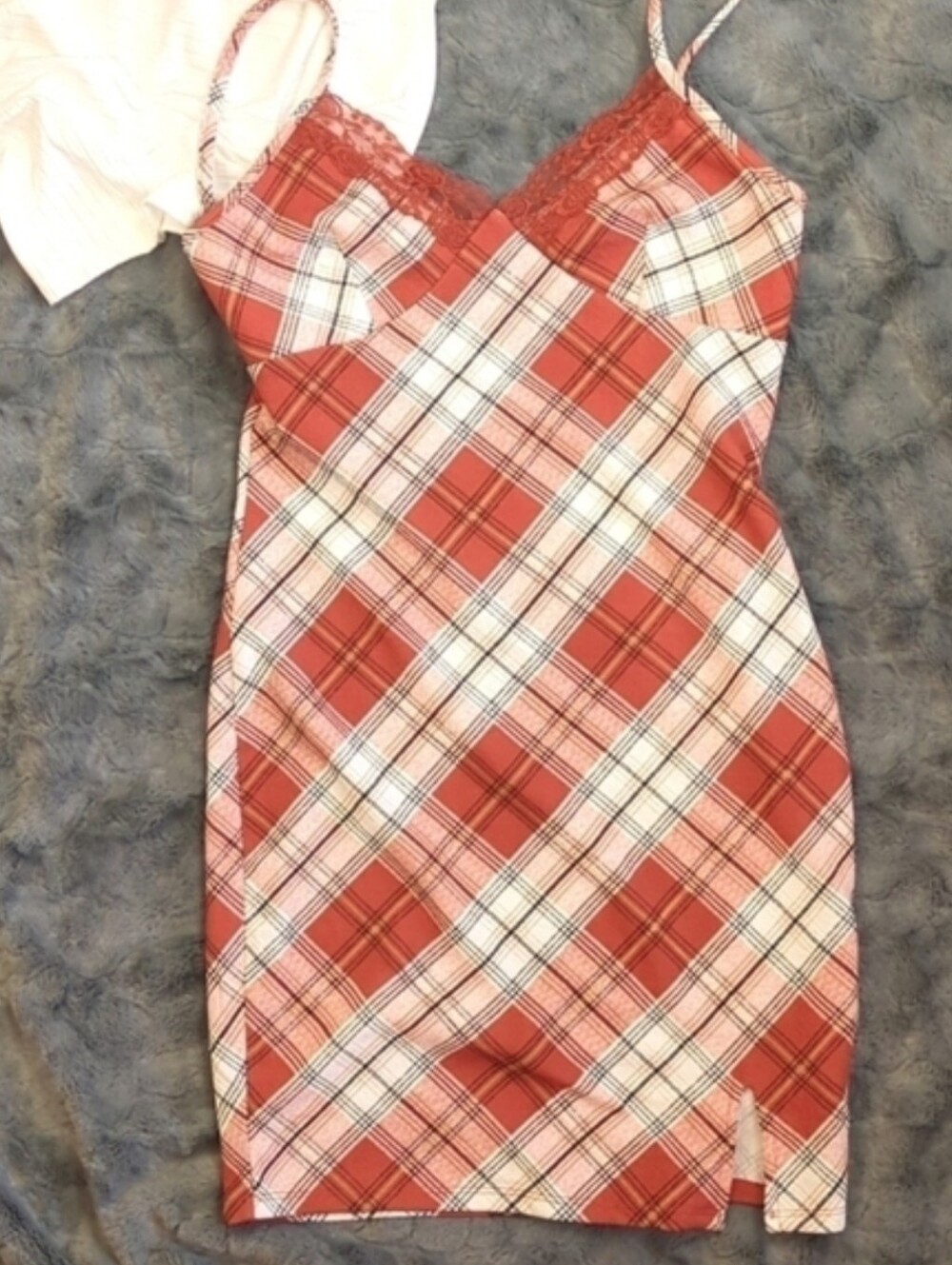 Plaid Lace Trim Slip Dress Layered With A Cropped Tee